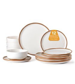 Lareina Plates and Bowls Set, 12 Pieces Farmhouse Ceramic Dinnerware Sets