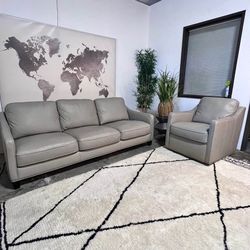 Delivery Available Concise Top Grain Leather Sofa with Matching Leather Swivel Chair