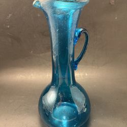 Vintage MCM Blue Hand Blown Art Glass Pitcher With Applied Handle 