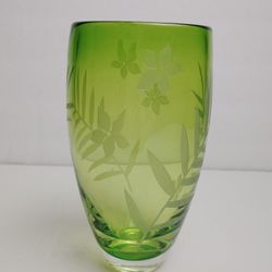 Etched Hand Blown Lime Green Glass Vase Glass 6.25” Tall
