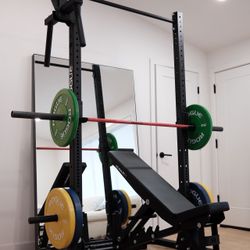 Rogue fitness squat rack / bench / bumper plates / barbell / matador
