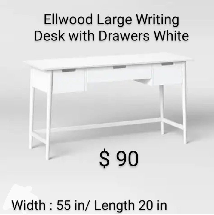 Brand New Ellwood Large Writing Desk With Drawers White