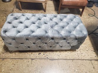Gray Velvet Tufted Ottoman With Gold On Bottom (New)