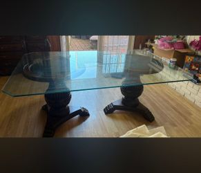 Glass Top Dining Table with Double Pedestal Base