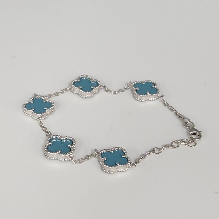 Fashion Silver Bracelet With Turquoise Floral Clover Links 7.5"