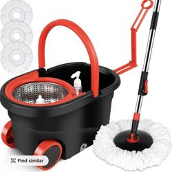 Spin Mop & Bucket Set with Wheels - 3 Microfiber Heads, Telescopic Stainless Steel Handle, Heavy-Duty Stainless Steel Wringer - Premium Home Cle