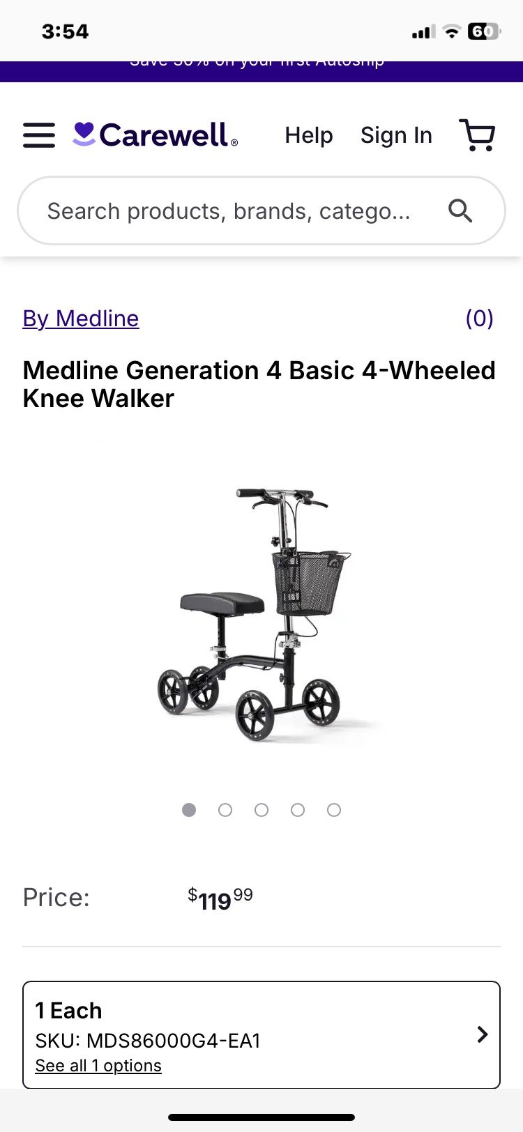 Black,Medline 4 wheel Knee Cart Ref MDS86000G4