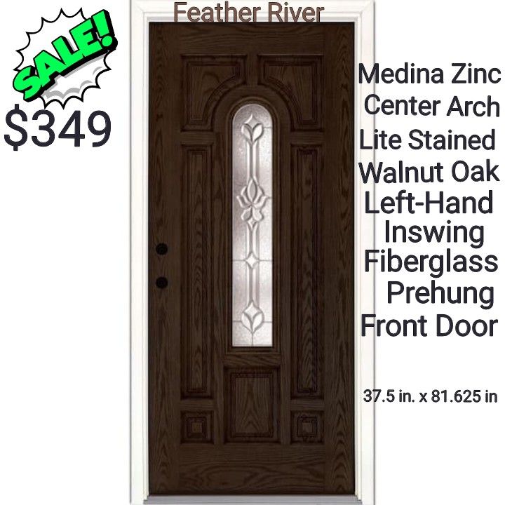 Feather River Doors
37.5 in. x 81.625 in. Medina Zinc Center Arch Lite Stained Walnut Oak RIGHT-Hand Inswing Fiberglass Prehung Front Door