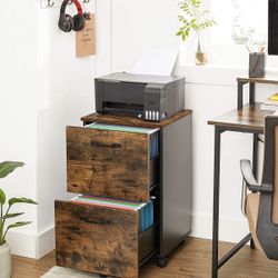 File Cabinet with 2 Drawers, Rolling Office Filing Cabinet with Wheels, for A4, Letter Sized Documents, Hanging File Folders, Industrial Style, Rustic