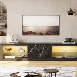 80 in. Black Marble TV Stand Fits TV's Up to 85 in. with Cabinet and Adjustable Glass Shelves