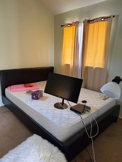 Dark Brown Faux Leather Bed Frame with Mattress