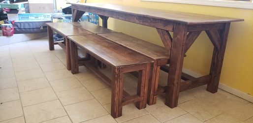 Rustic Table And Benches 9 1/2  Foot Table 