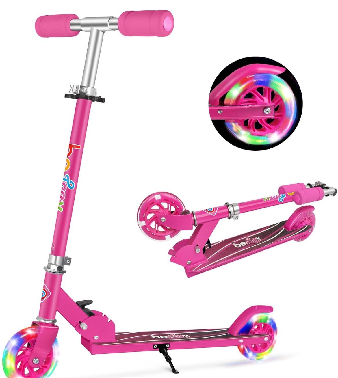 Scooters for Kids, 2 Wheel Folding Kick Scooter for Girls Boys, 3 Adjustable Height, Light Up Wheels, Lightweight Scooter with Sturdy Frame, Kickstand
