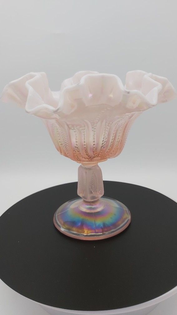 Gorgeous Vintage Fenton Pink Opalescent Glass "Cactus" Compote/ Candy Dish With Original Sticker & Stamp