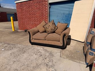 Brown Fabric Loveseat with Decorative Pillows
