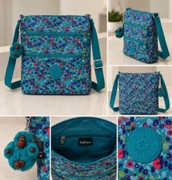 Kipling Floral Crossbody Bag – Turquoise Blue – Monkey Keychain