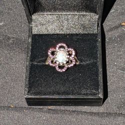 White Opal Flower Ring W/Sapphire Accents Size 7.5