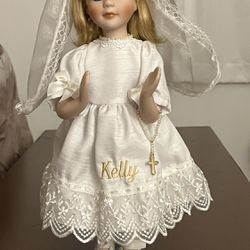 Porcelain First communion Doll With Blonde Hair And Blue Eyes