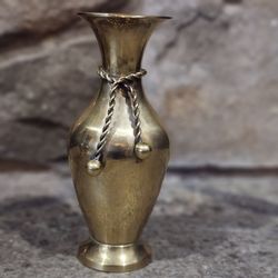 Vintage brass vase with brass rope  6"