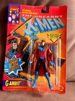 Vintage 1992 Toy Biz Gambit action figure from The Uncanny X-Men series, featuring "Power Kick Action”