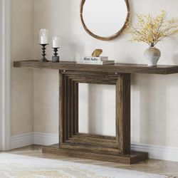 F2052 55-Inch Console Table for Entryway, Farmhouse Hallway Foyer Table with Unique Square Cutout Base, Long Wood Console Table for Living Room, Entra