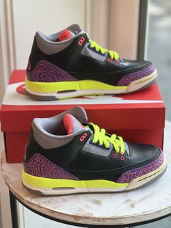 Nike Air Jordan 3 Retro Joker Black Atomic Red Volt Size 6y Basketball School Sneakers