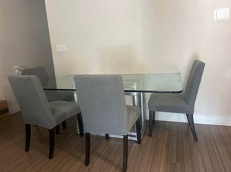 Modern Glass Dining Table Set with 4 Gray Chairs