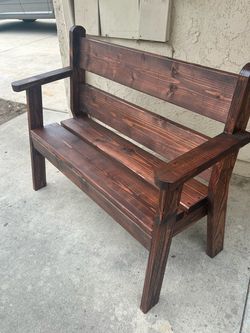 Rustic Dark Stained Wood Bench with Armrests