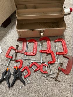 Assorted Clamps and Metal Toolbox