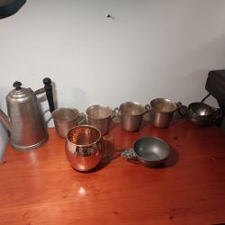Assortment Of Silver Plated Cups,100 Perc.Copper Cup, Antique Tea Brewer,Silver Bowl+Pewter Bowl