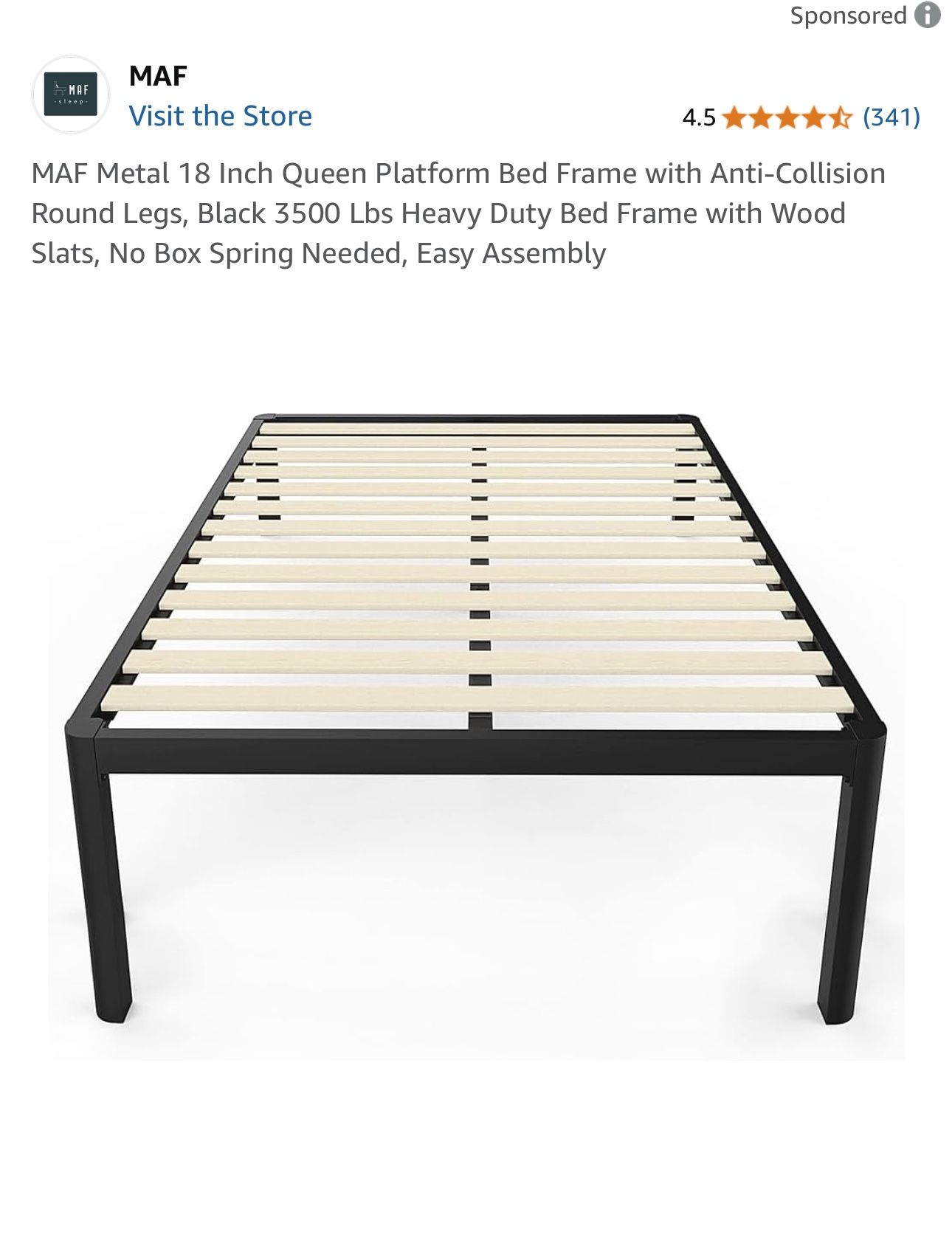 MAF Metal 18 Inch Queen Platform Bed Frame with Anti-Collision. Round Legs, Black 3500 Lbs Heavy Duty Bed Frame with Wood Slats, No Box Spring Needed,