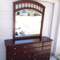 Cherry Wood Dresser And Mirror 