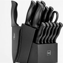 Knife Sets for Kitchen with Block, HUNTER.DUAL 15 Pcs Kitchen Knife Set with Block Self Sharpening, Dishwasher Safe, Anti-slip Handle, Black

