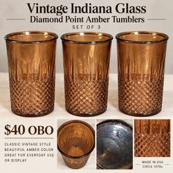 Vintage Indiana Glass Diamond Point Amber Tumblers – Set of 3 – $40 OBO