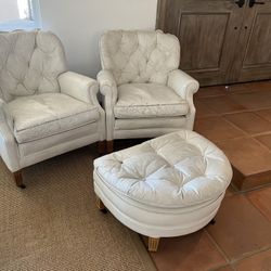 VON HEMERT White Leather Club Chairs And Ottoman