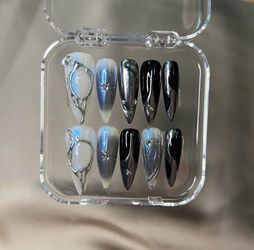 Black & Silver Chrome Press-On Nails – Long Stiletto with 3D Metallic Accents