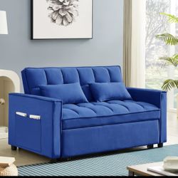 54-Inch Velvet 3-In-1 Convertible Sleeper Sofa Bed, Futon Couches for Living Room with Side Pocket | Adjustable Backrest | Velvet Fabric | Pull-Out Co