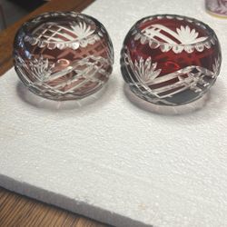 Vintage Cut To Clear Cranberry And Ruby Red Candle Holders Bohemian Glass