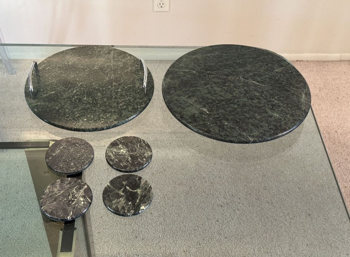 Very Well Made Green Marble Stone Large Round 14” Lazy Susan Platter, 12” Meat Cheese Board Charcuterie Tray 4 Coasters Plates