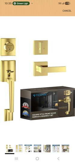 Front Door Handle Set with Deadbolt Square Lever Polished Brass Entry Lock