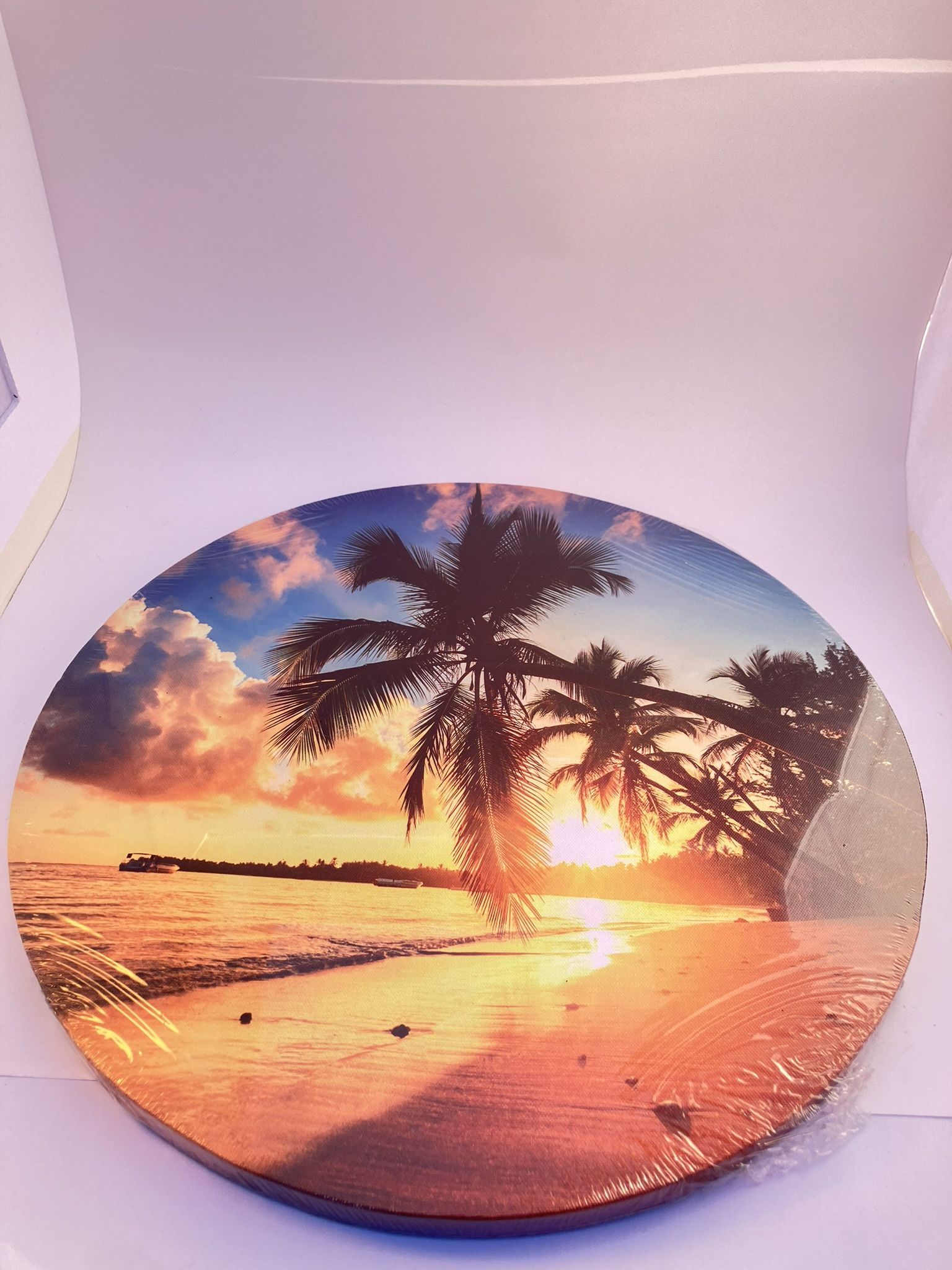 NEW LED Lighted Palm Tree Sunset Beach Canvas Wall Art Round Battery Operated