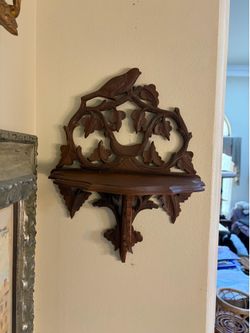 Antique hand -carved wooden wall shelf bird leaf motif 16”H 12”W 7”D