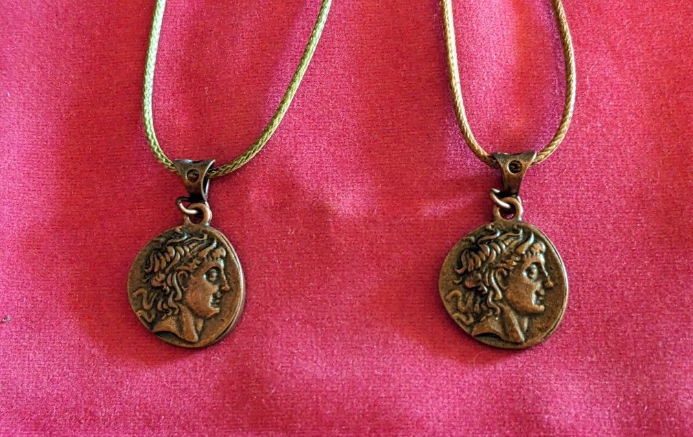 two New Alexander The Great Pendants On Rope Necklaces
