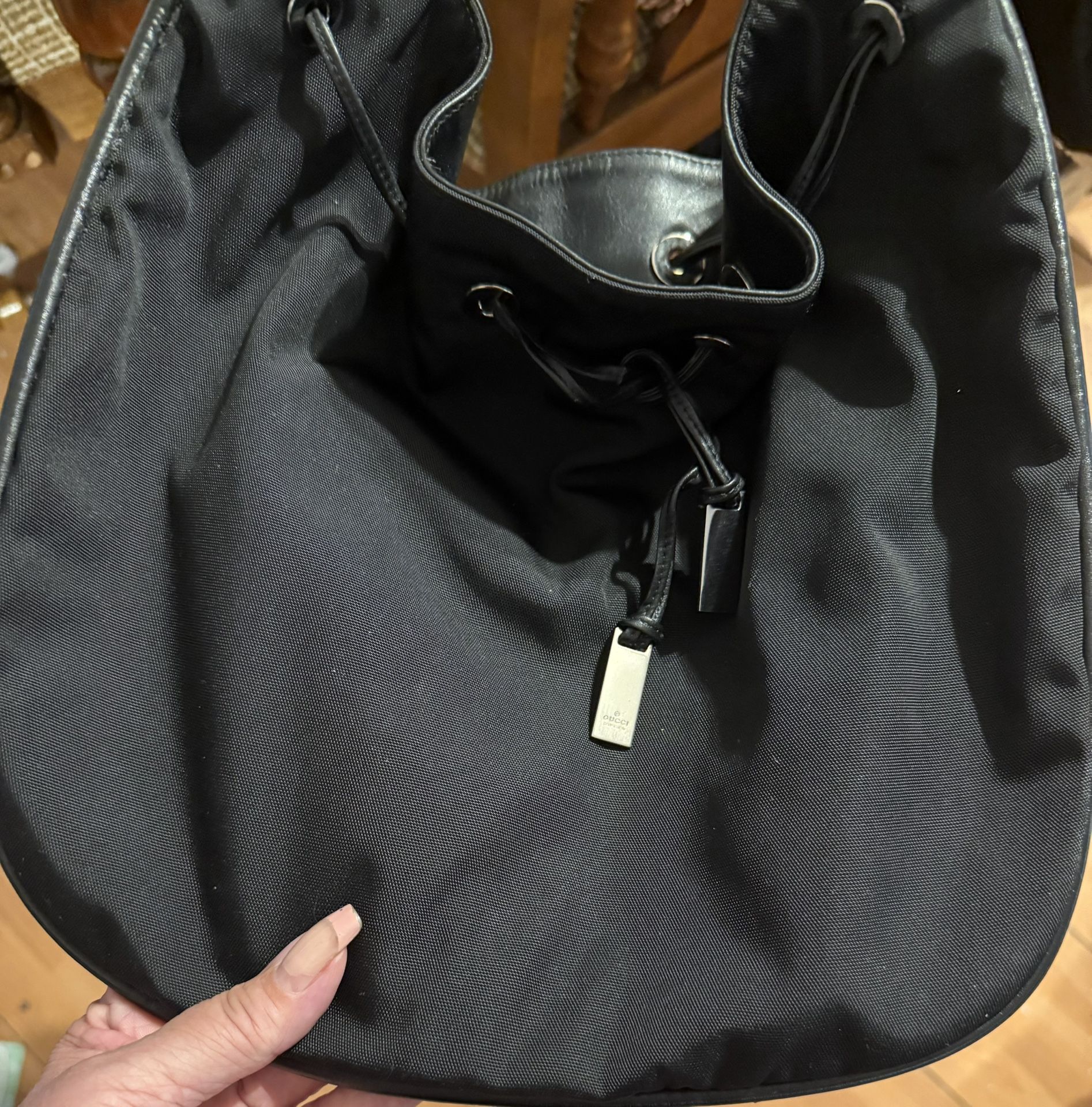 Authentic Gucci Black Nylon And Leather Hobo Drawstring Medium Size Bag Monogram Inside 0014030