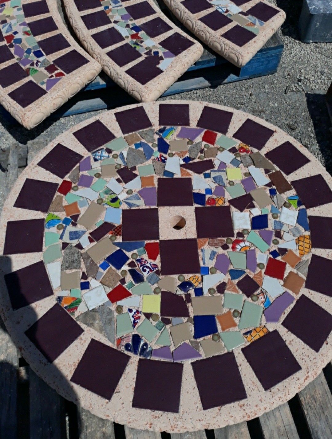 Concrete Mosaic Picnic Table with 3 Benches/ Outdoor Patio Furniture