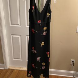 Black Full Length Evening Wear With Red, Yellow And Lilac Colored Flowers   Size 2