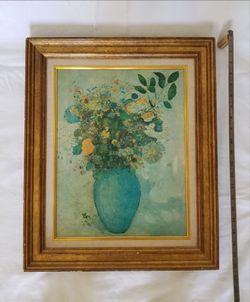 Framed Turquoise & Gold  Print - Vase with Flowers
