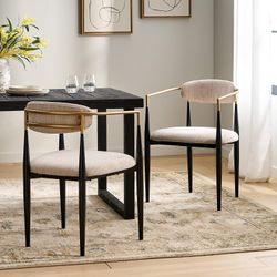 Set Of 2 -  Black Metal w/ Gold Accent Chairs w/ Beige Fabric Cushions [NEW] <No Assembly Req>