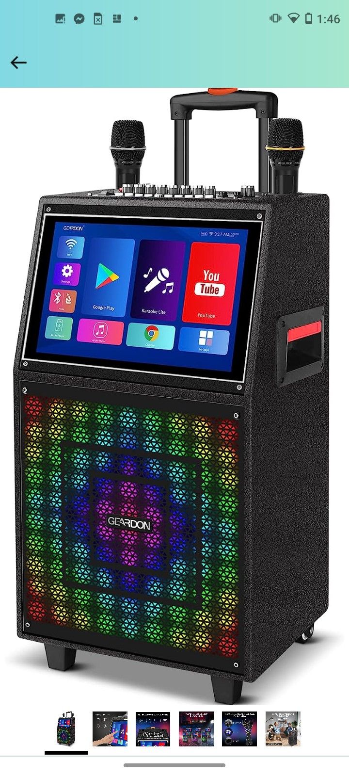 GEARDON Karaoke Machine with Lyrics Display Screen for Adults, Built-in 15 Inches Tablet & WiFi, Portable Bluetooth Speaker w/ 2 Rechargeable UHF Mics