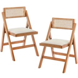 Dining Chairs Kitchen Folding Chair Set of 2 Modern Rattan Table Chair with Oak Wooden Leather Foldable Chair for Living Reading Room Wedding Balcony,